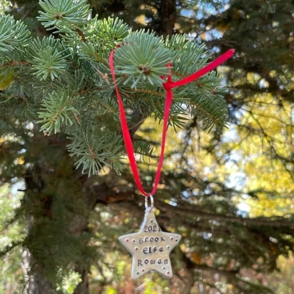 Handmade personalized Star holiday Christmas red ribbon silver aluminum ornament